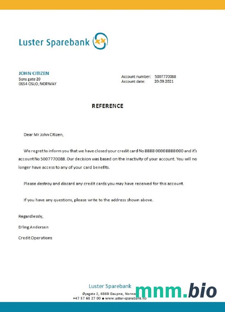 Przykład odniesienia do zamknięcia Banku w Norwegii Luster w formatach Word i PDF